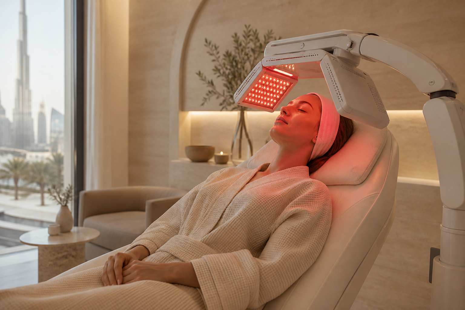 Woman receiving red LED light therapy for healthier-looking skin in Dubai